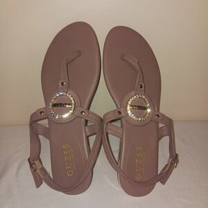 Guess Katy Mauve Neutral Purple Pink Rhinestone Logo Thong Slingback Sandals 8M